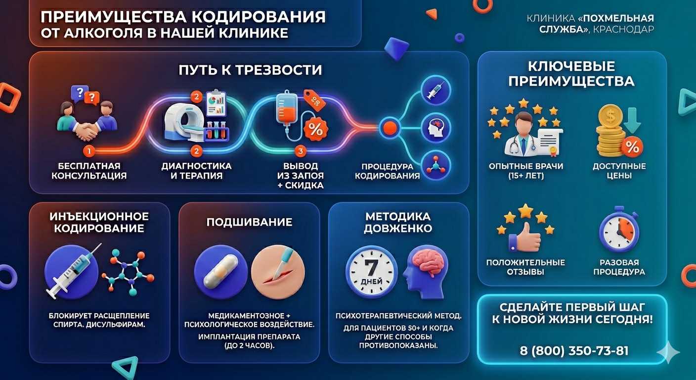 Инфографика о методах кодирования от алкоголя в Валуйках: инъекции, подшивание, метод Довженко. Преимущества клиники и этапы лечения.